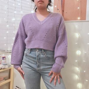 Lilac Lavender V-Neck Knit Cropped Sweater